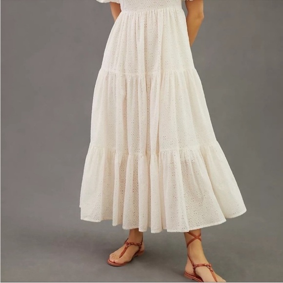 ANTHROPOLOGIE MOTHER Off White Eyelet Puff Sleeve Tiered Maxi Dress M NWT - Picture 2 of 9